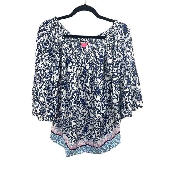 LILLY PULITZER NEVIE OFF-THE-SHOULDER TOP *KRILLIN IT* OYSTER BAY BLUE WHITE - Picture 2 of 9